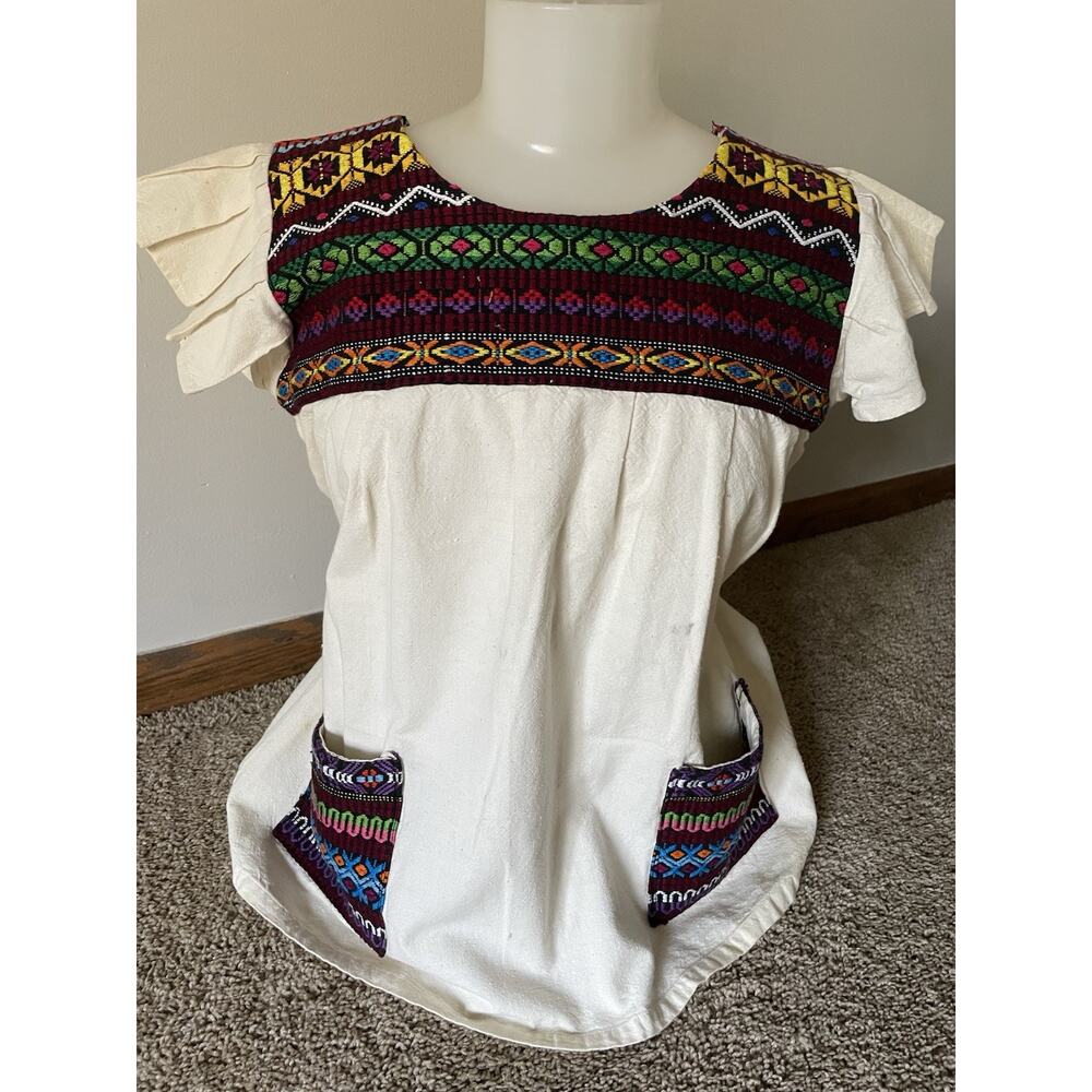 Vintage Guatemalan Huipil Blouse Textile Hand Woven Pockets Colorful